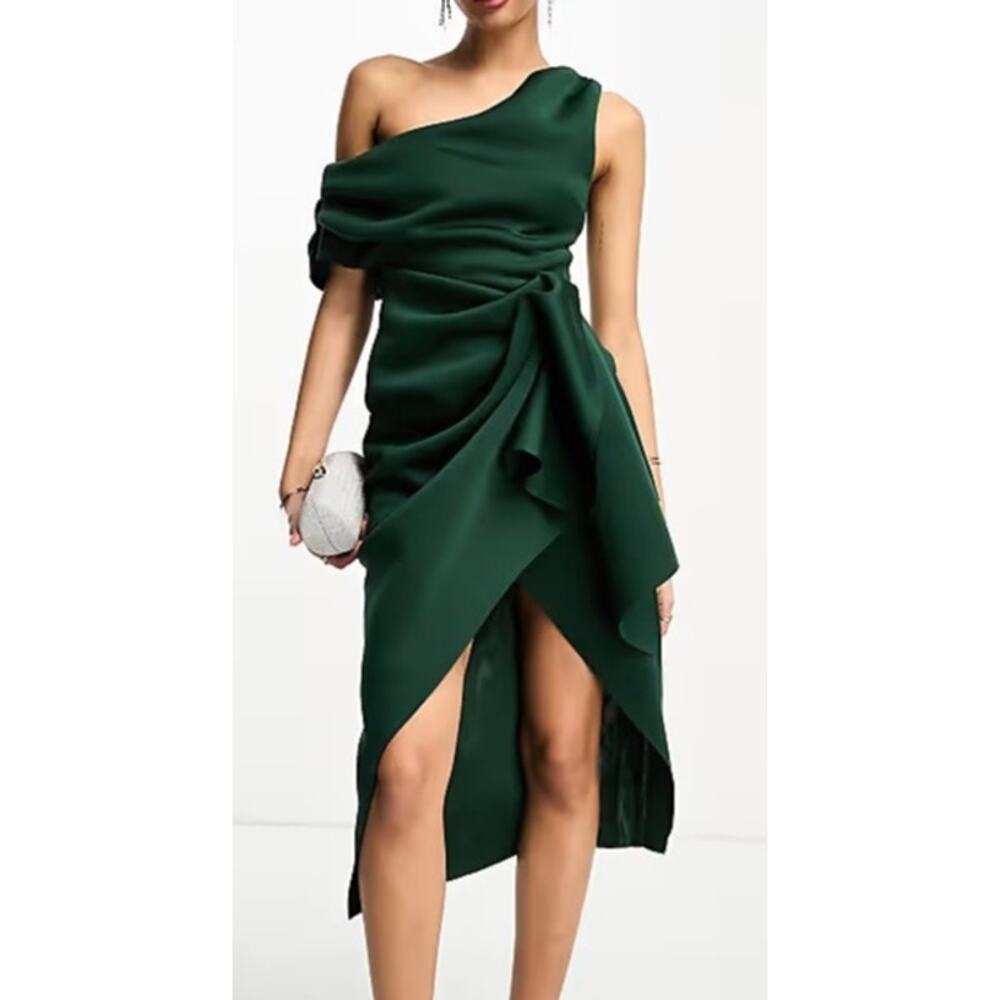 Asos Dress Fallen Shoulder Manipulated Tuck Bodycon Midi Green Nwt 4 — image 2 of 8